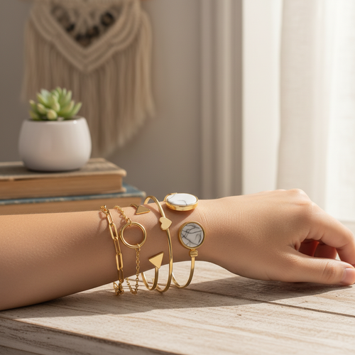 5 Piece Gold Marble Bracelet Set stacked on wrist lifestyle shot