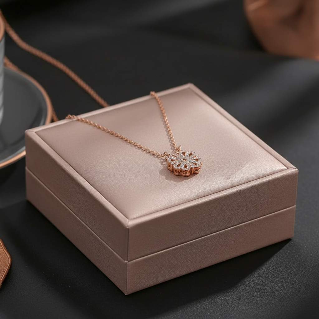 Rose Gold Clover Necklace in gift box studio shot