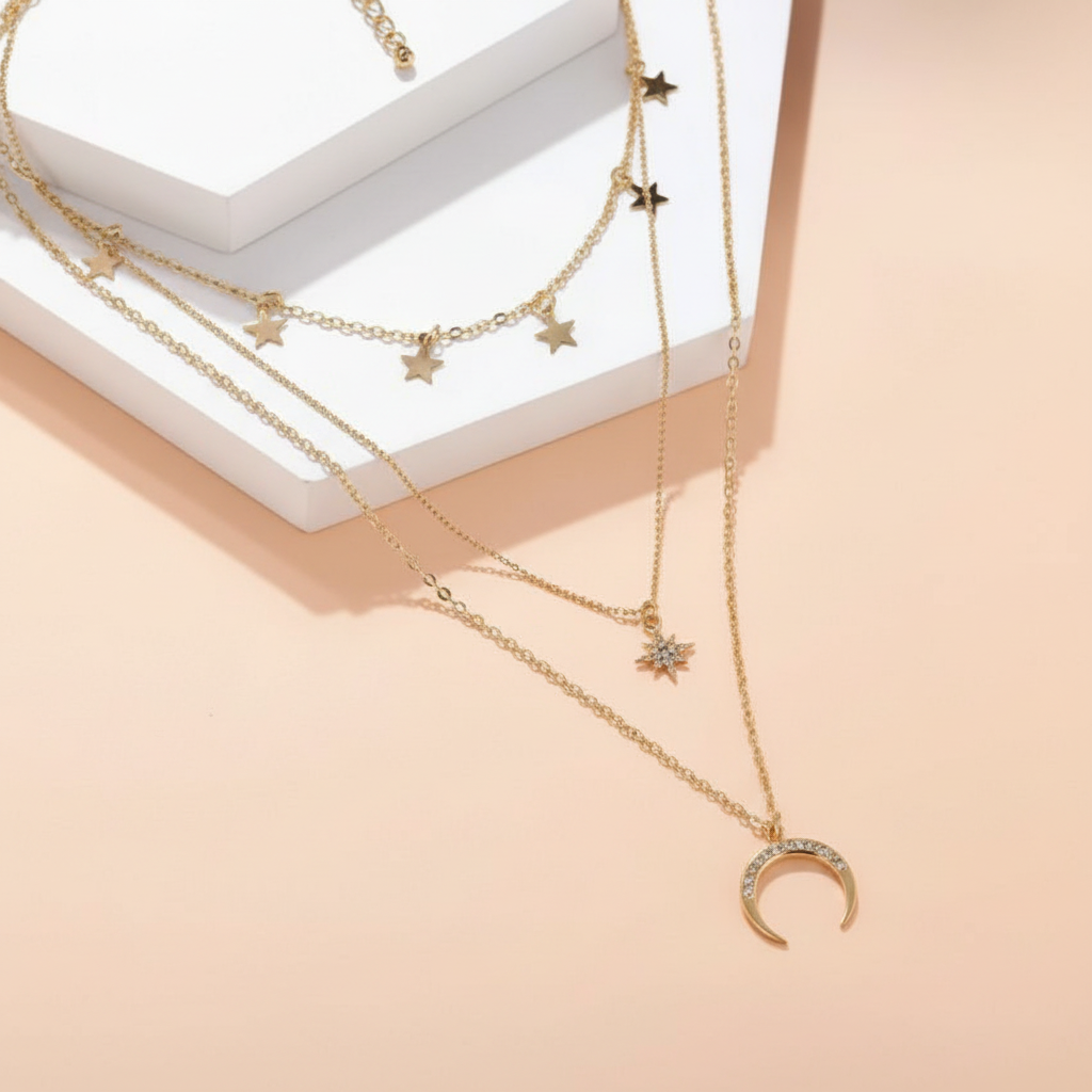 Layered Gold Star Moon Necklace studio shot