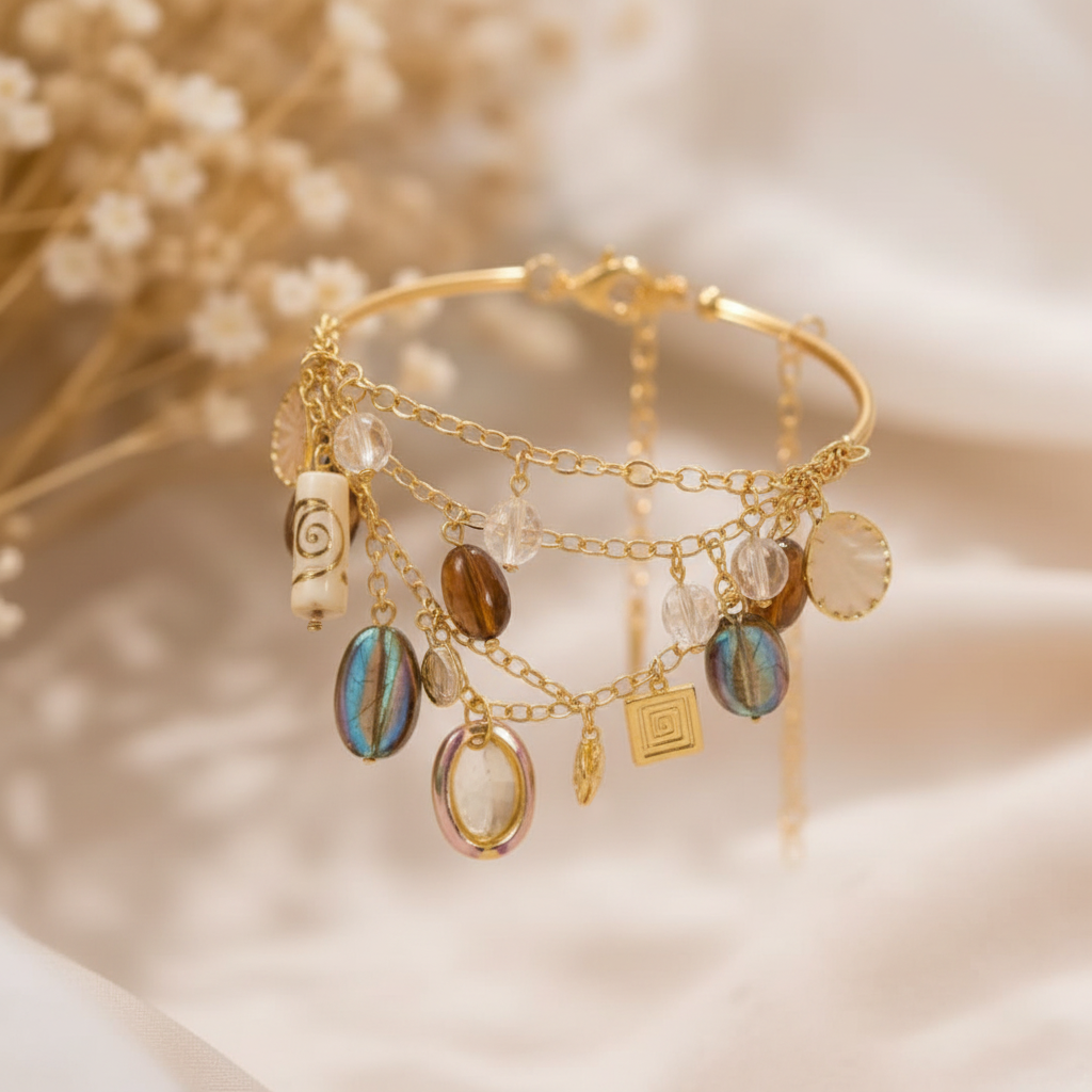 Boho Gold Multi Charm Bracelet macro closeup detail
