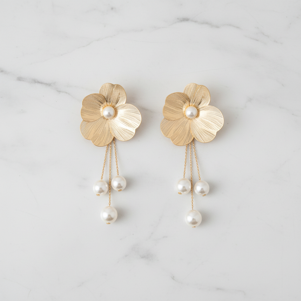 Gold Flower Pearl Drop Earrings flat lay marble
