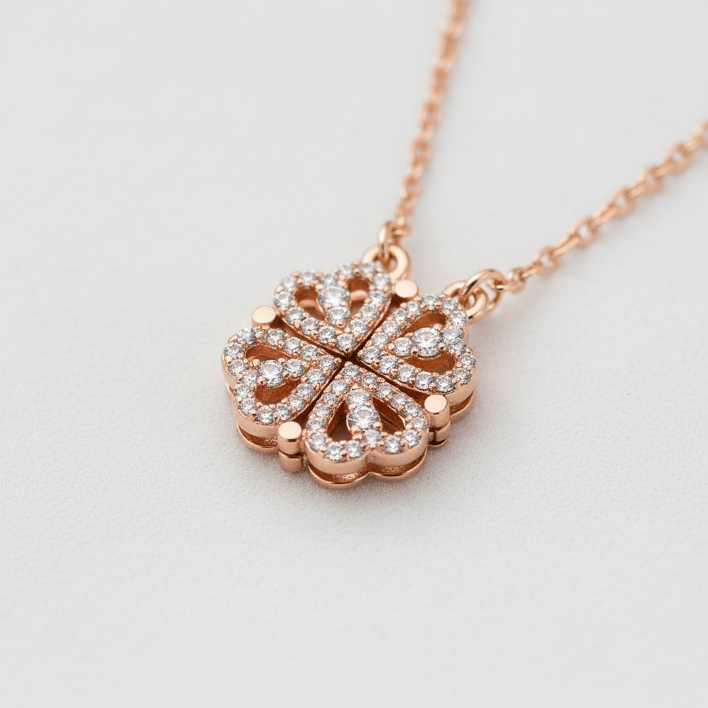 Rose Gold Clover Crystal Pendant macro closeup