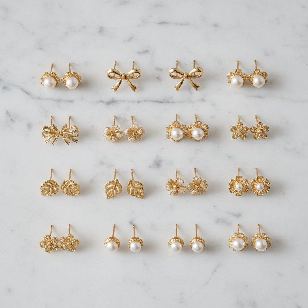 14 Pair Earring Set flat lay marble