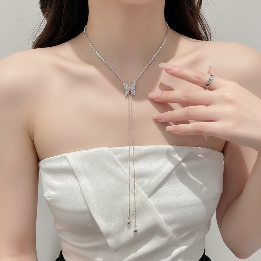 Crystal Butterfly Lariat Necklace studio product shot