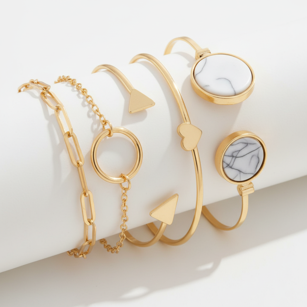 5 Piece Gold Marble Bracelet Set macro closeup detail