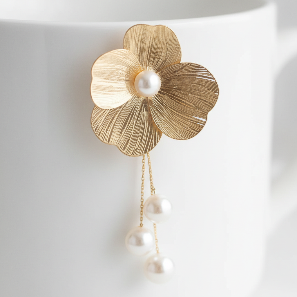 Gold Flower Pearl Drop Earrings macro closeup
