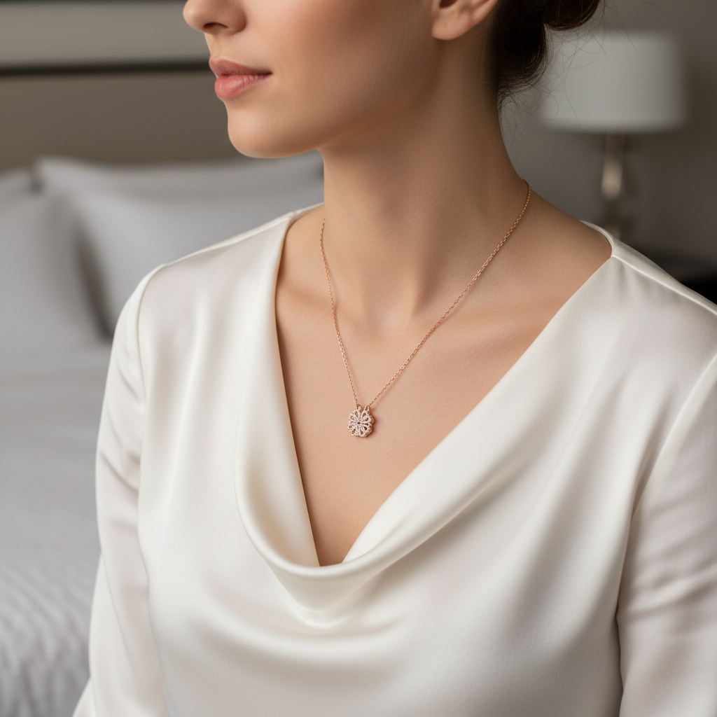 Rose Gold Clover Necklace worn on neck lifestyle shot