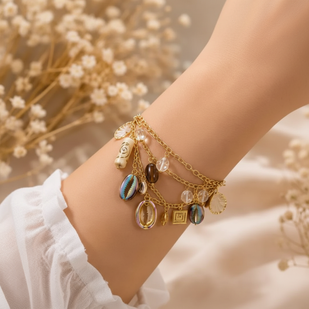 Boho Gold Multi Charm Bracelet lifestyle wrist shot