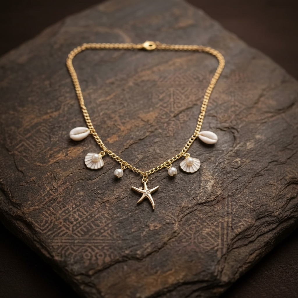 Gold Ocean Charm Necklace on stone surface studio shot