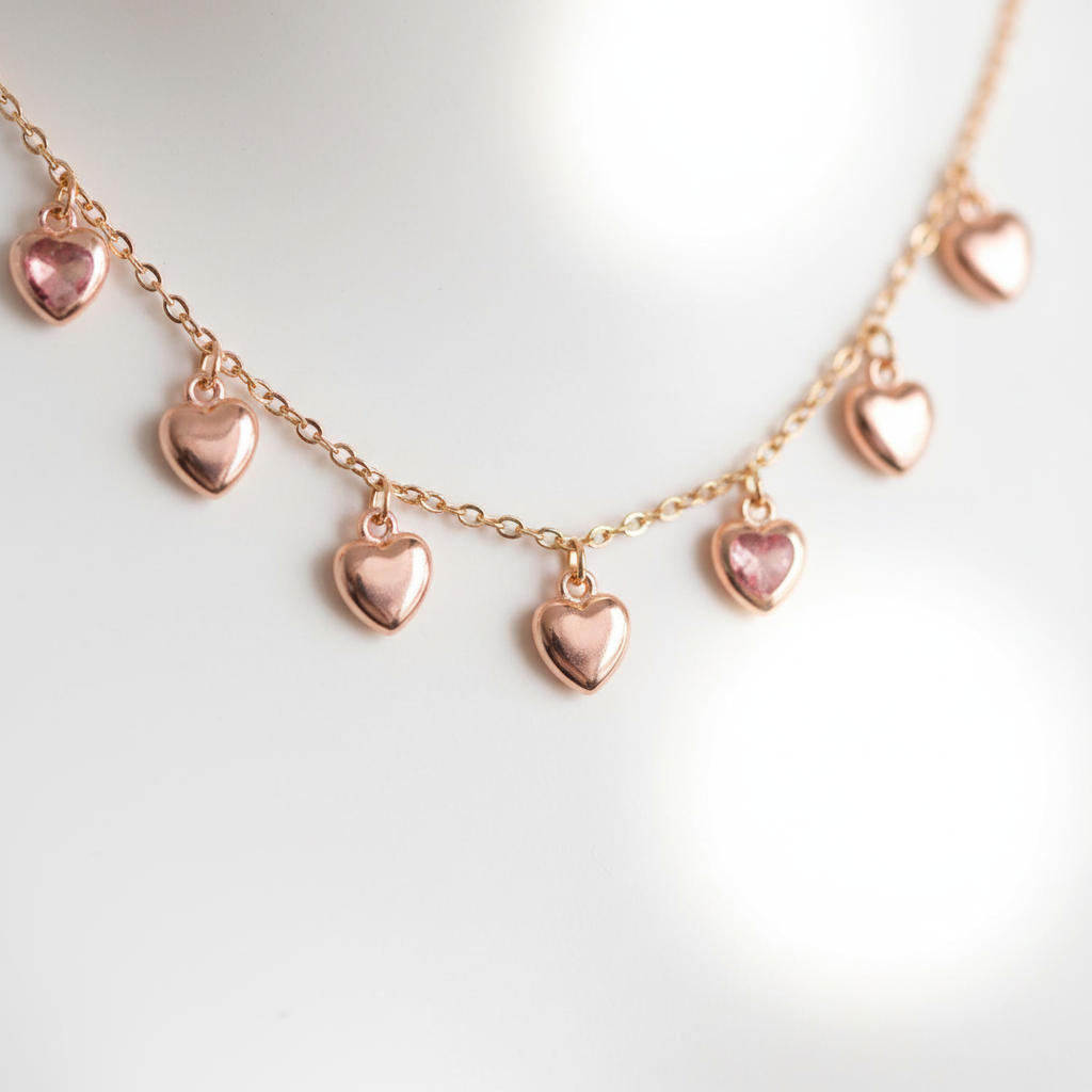 Gold Multi Heart Charm Necklace macro closeup