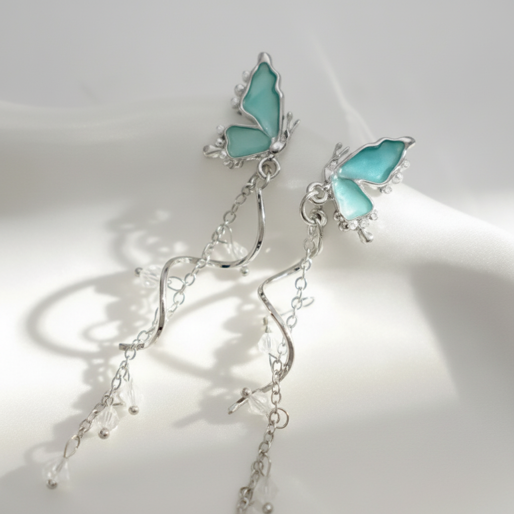 Teal Butterfly Drop Earrings macro closeup detail