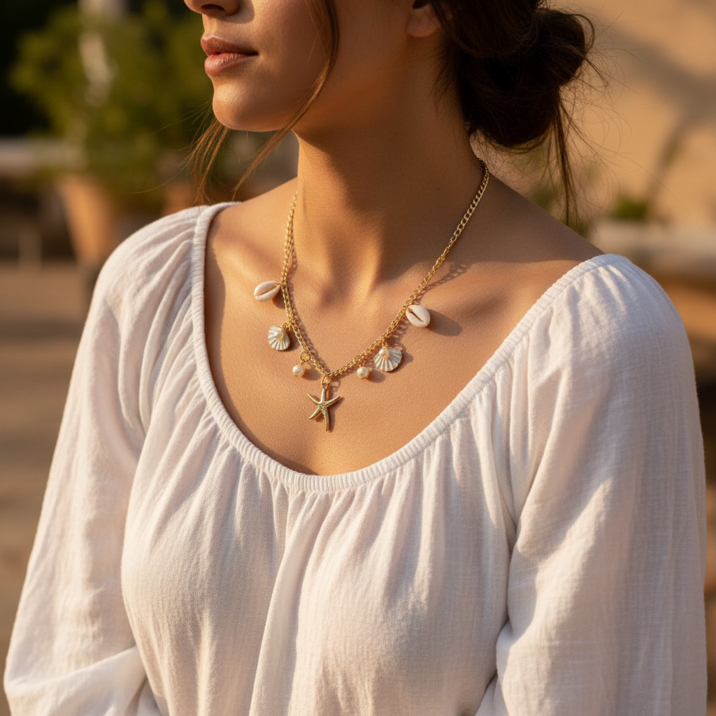 Gold Ocean Charm Necklace worn on neck lifestyle shot