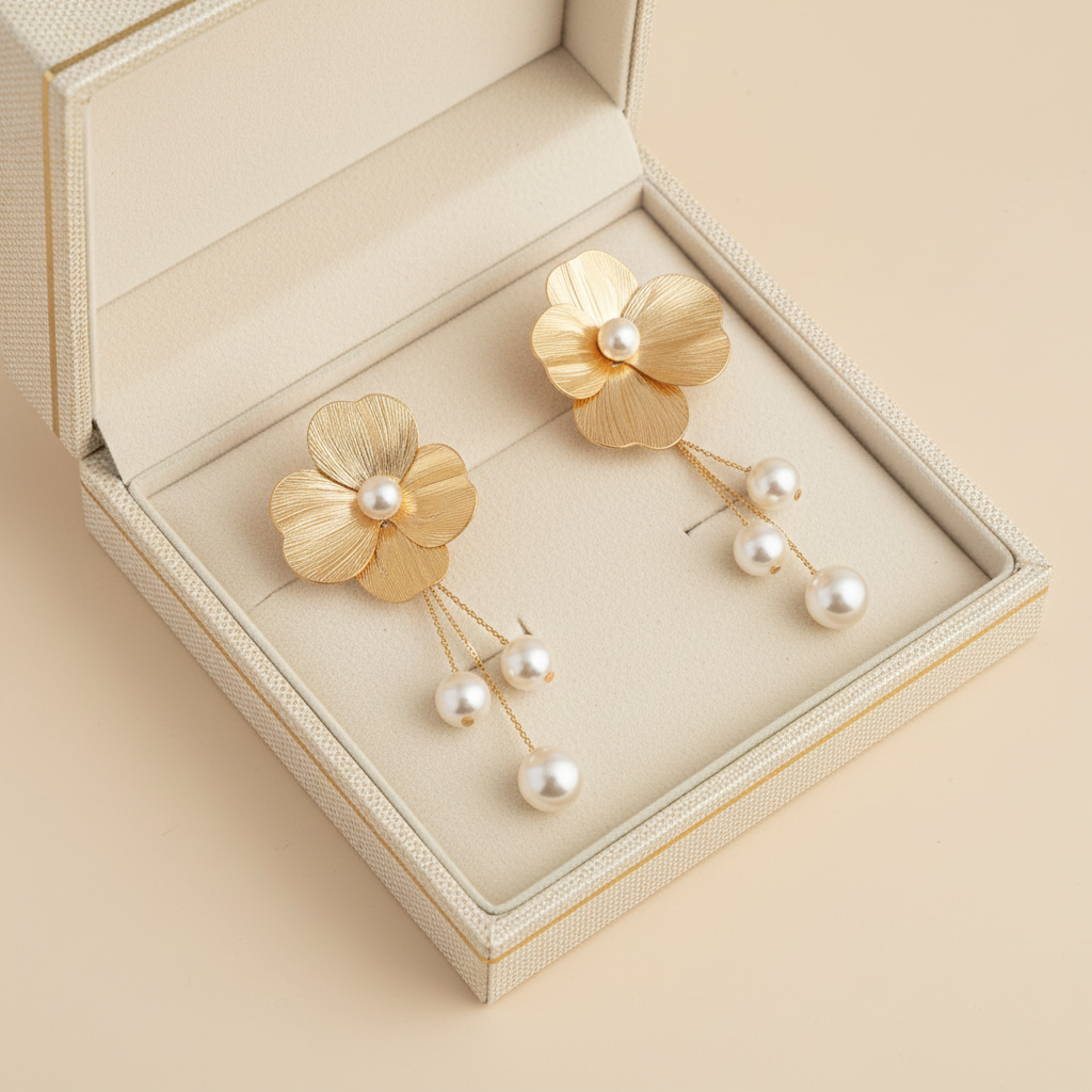 Gold Flower Pearl Drop Earrings in gift box