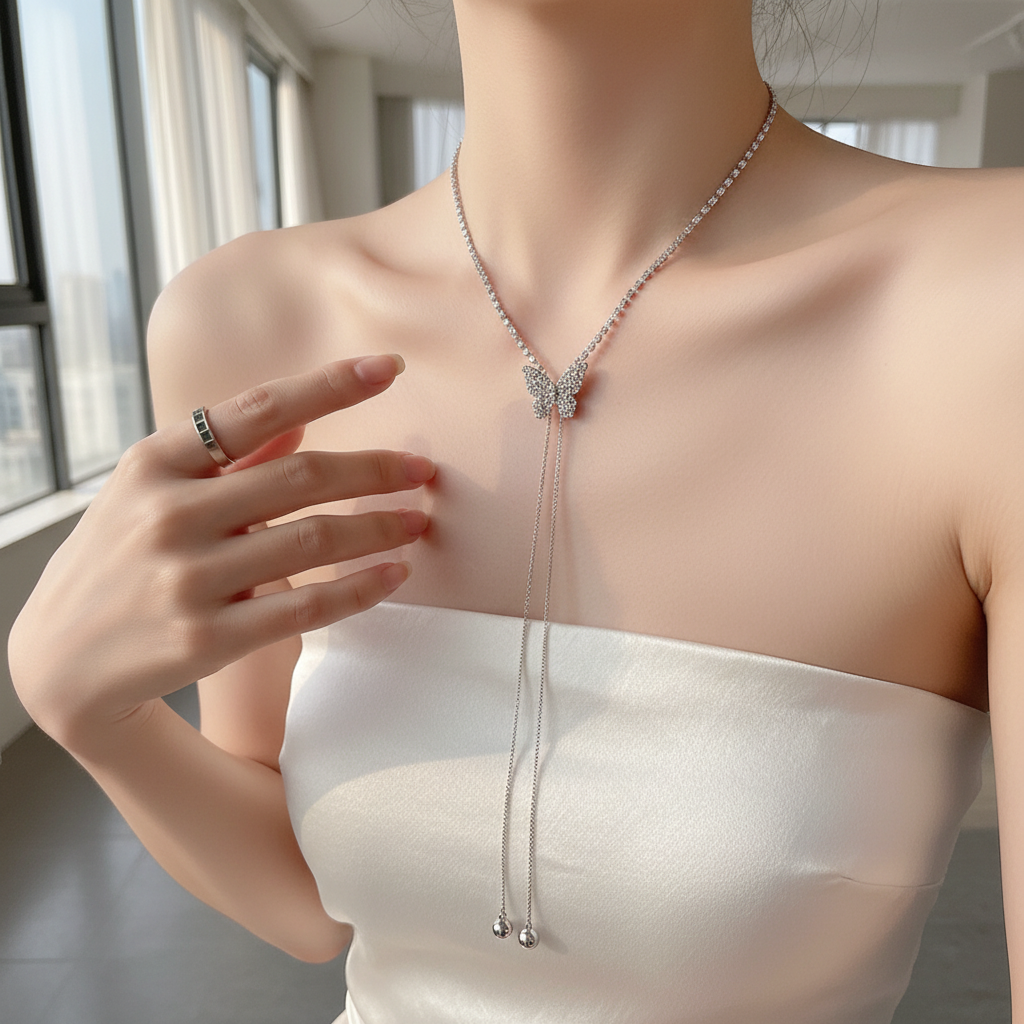 Crystal Butterfly Lariat Necklace lifestyle neck shot