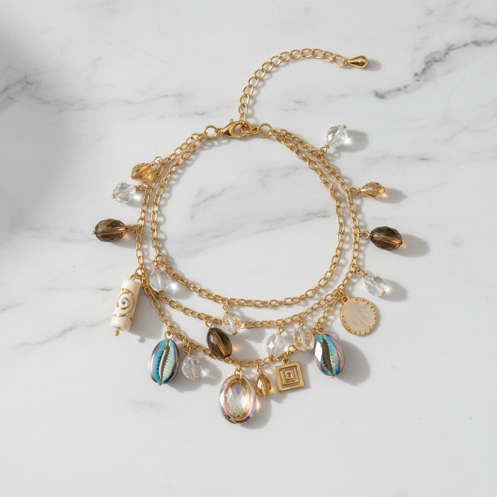 Boho Gold Multi Charm Bracelet flat lay marble