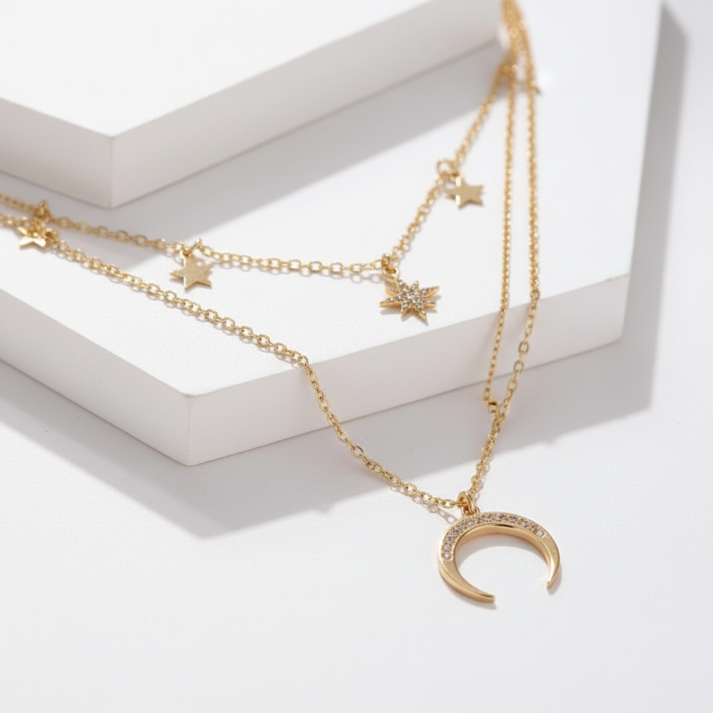 Layered Gold Star Moon Necklace macro closeup detail