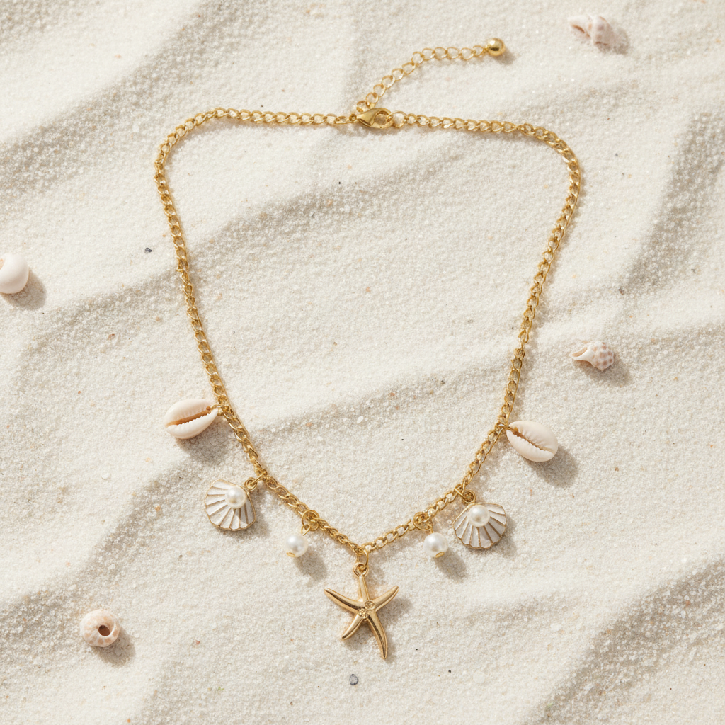 Gold Ocean Charm Necklace flat lay on white sand