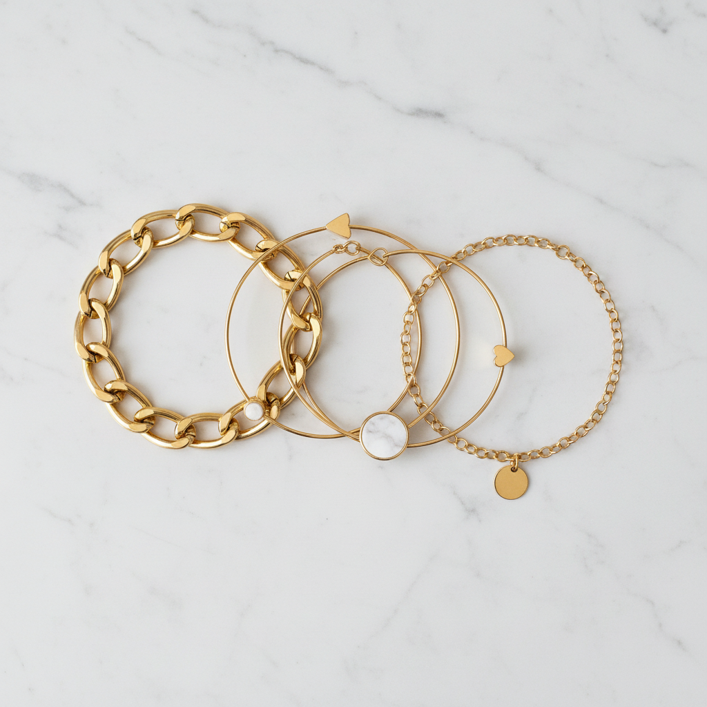 5 Piece Gold Marble Bracelet Set flat lay marble surface