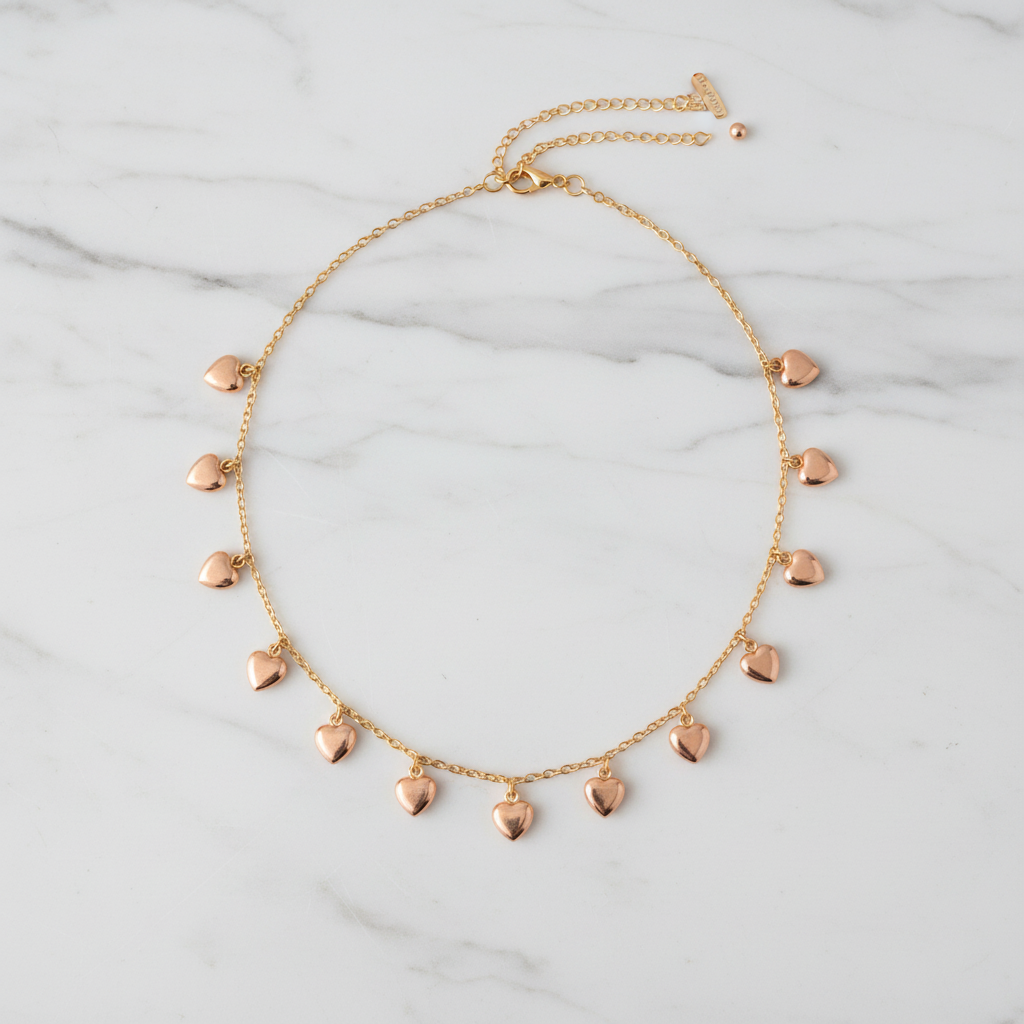 Gold Multi Heart Charm Necklace flat lay marble