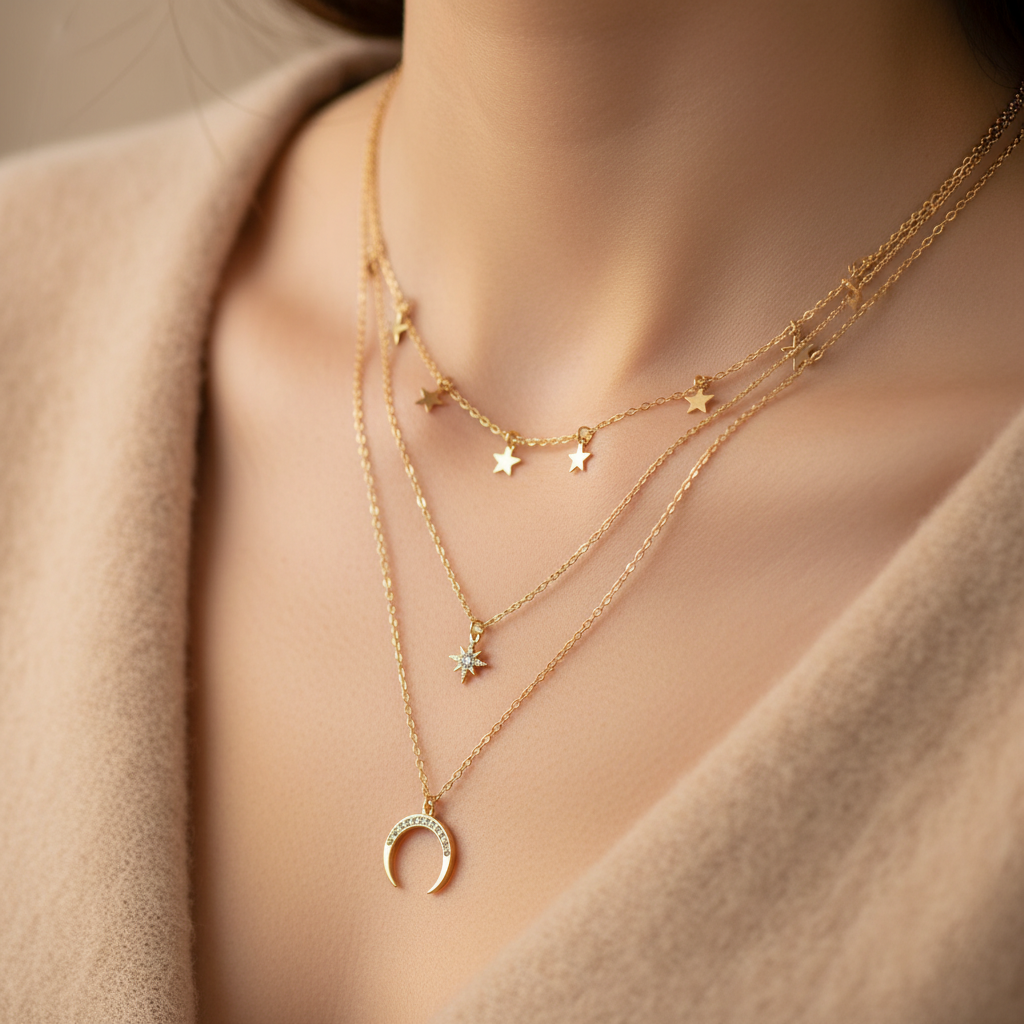 Layered Gold Star Moon Necklace worn on neck lifestyle shot